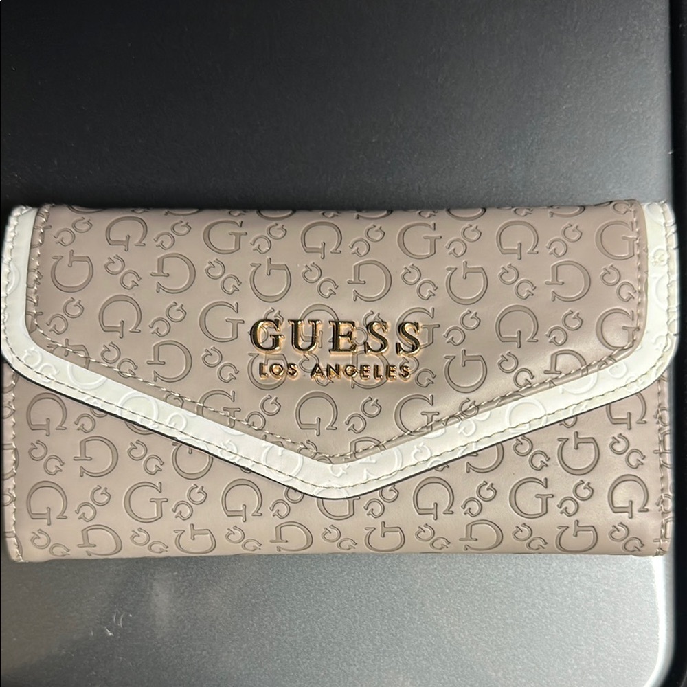 Guess Tan and White Wallet with Monogram Pattern